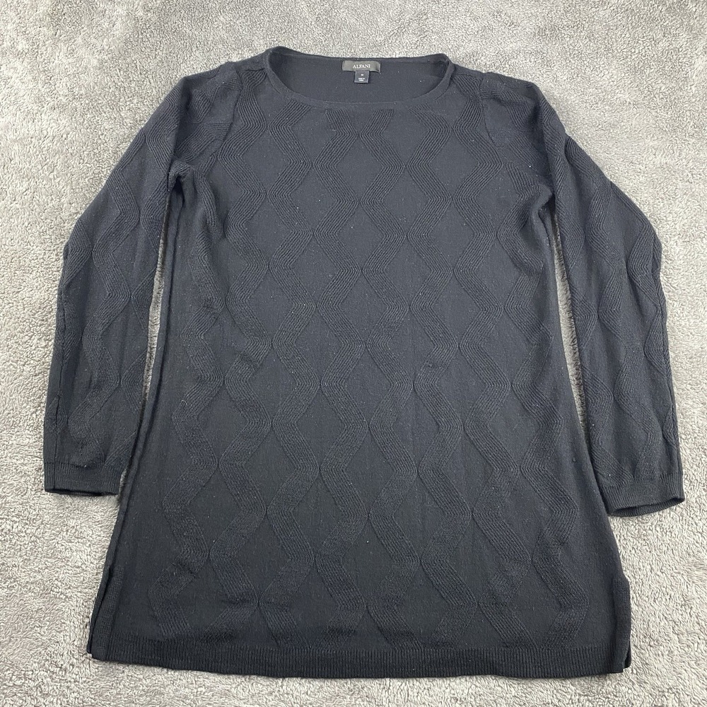 Alfani Front Diamond Stitch Tunic Sweater Womens Black Medium Long Sleeve